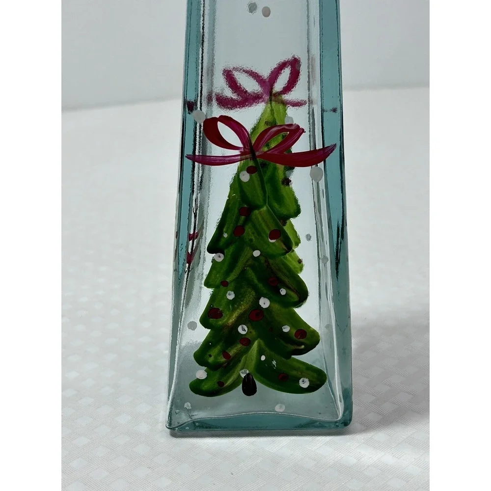 Clear Hand Painted Snowman & Christmas Tree Flower Bud Vase Bottle